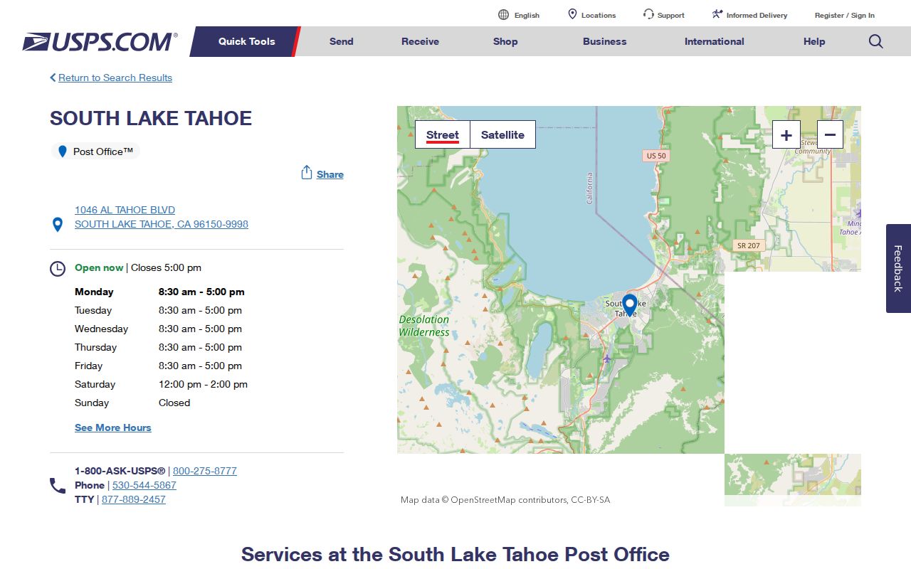 South Lake Tahoe ZIP code directory USPS location