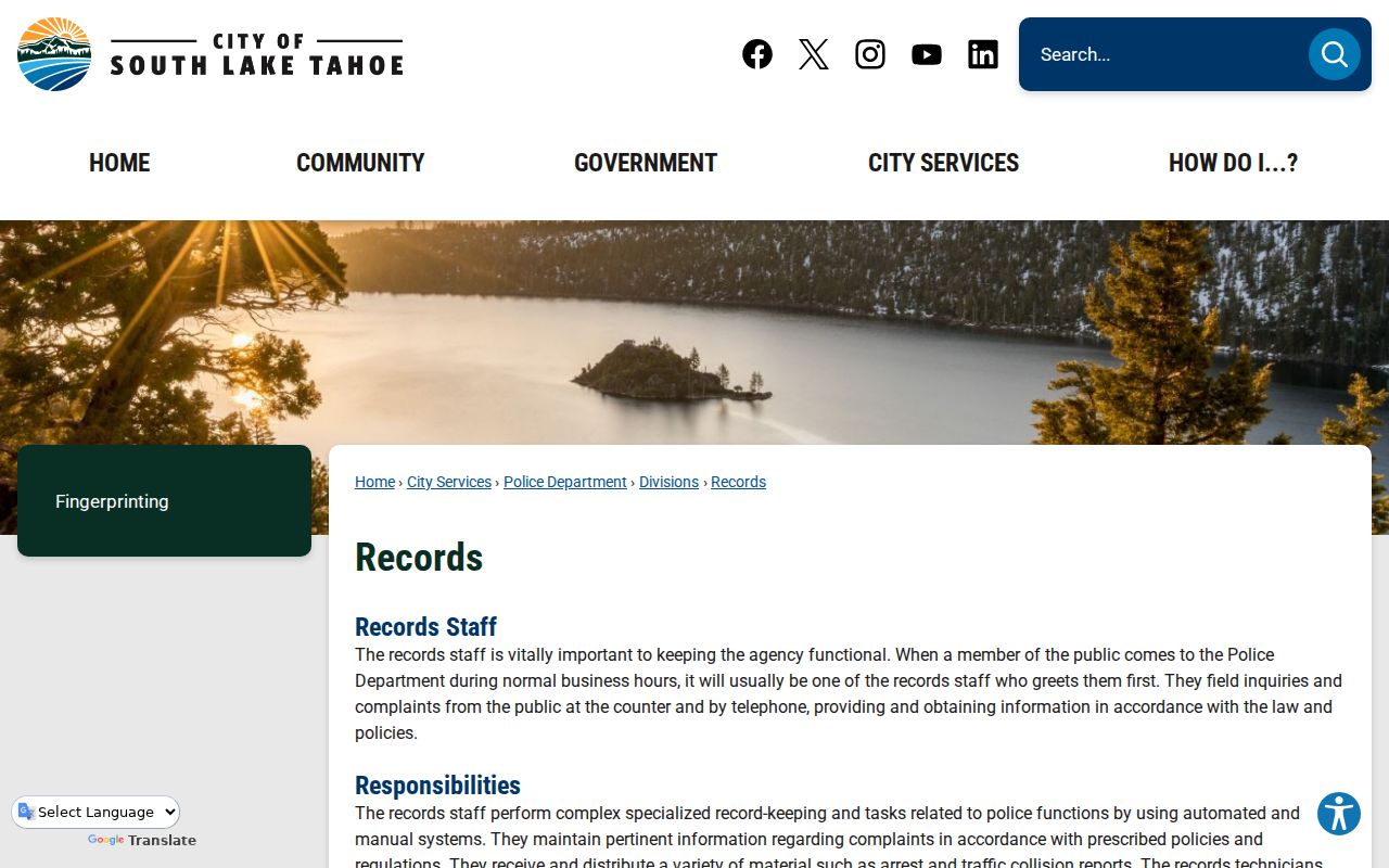 South Lake Tahoe resident lookup police records entry