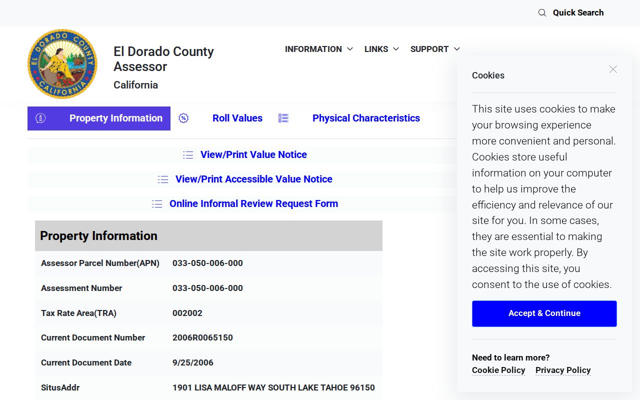 South Lake Tahoe street directory assessor parcel record